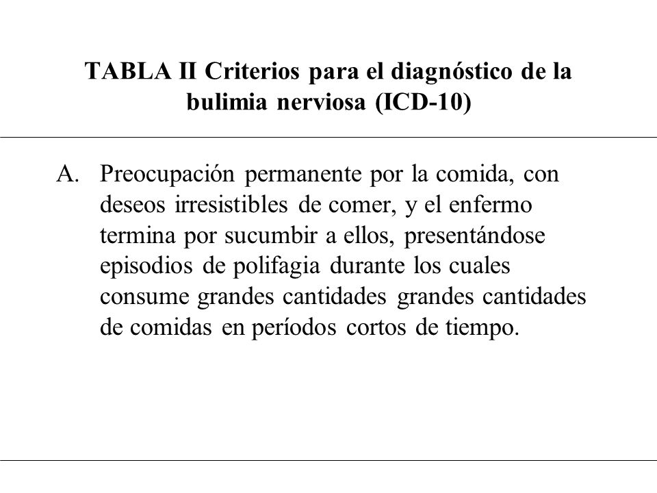 TABLA II Criterios para el diagnóstico de la bulimia nerviosa (ICD-10)