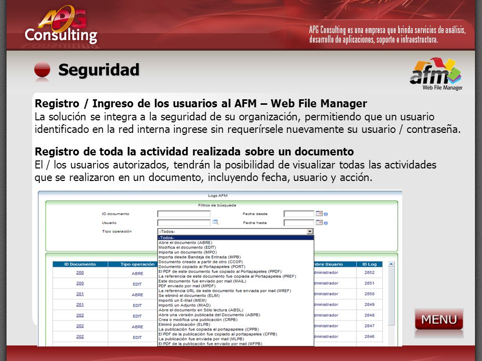 Seguridad Registro / Ingreso de los usuarios al AFM – Web File Manager