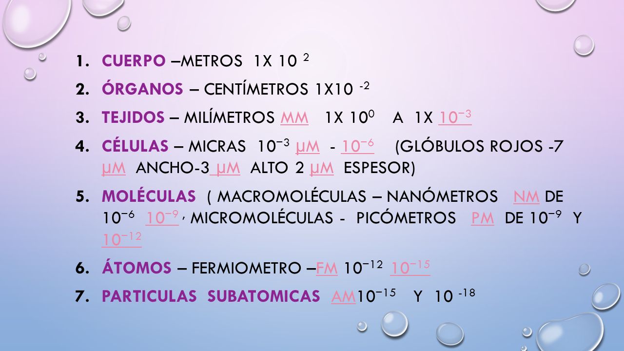 Cuerpo –metros 1x 10 2 Órganos – centímetros 1x Tejidos – Milímetros mm 1x 100 a 1x 10−3.