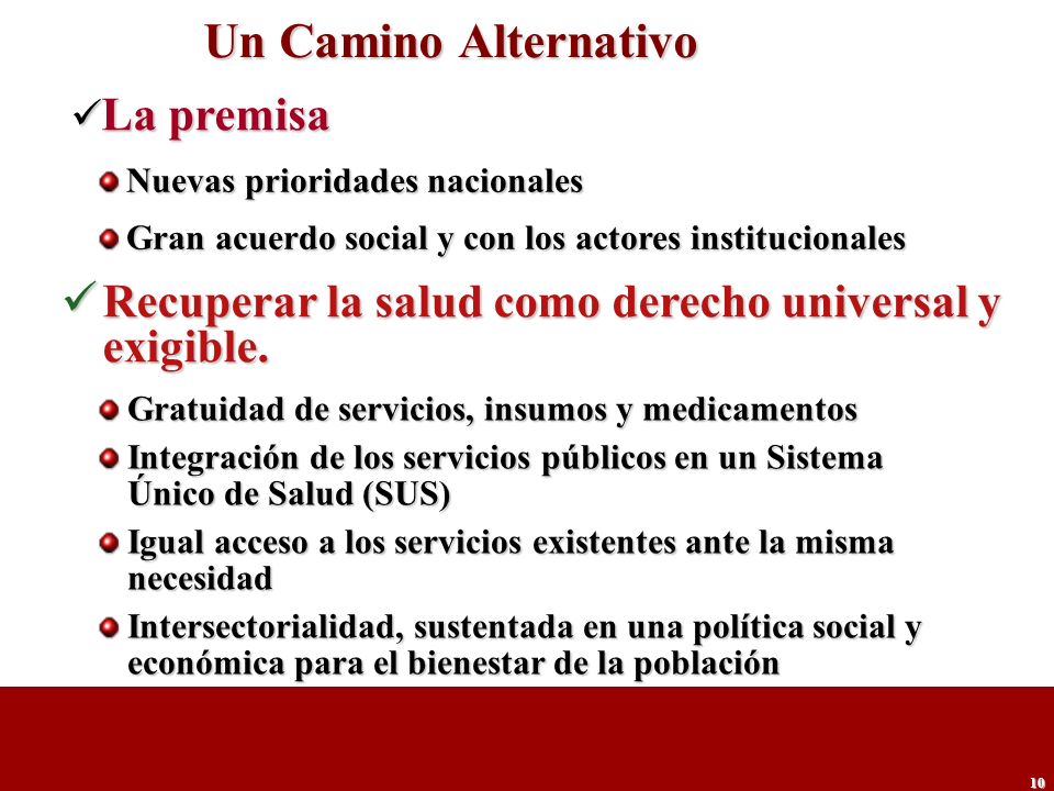 Un Camino Alternativo La premisa. Nuevas prioridades nacionales. Gran acuerdo social y con los actores institucionales.