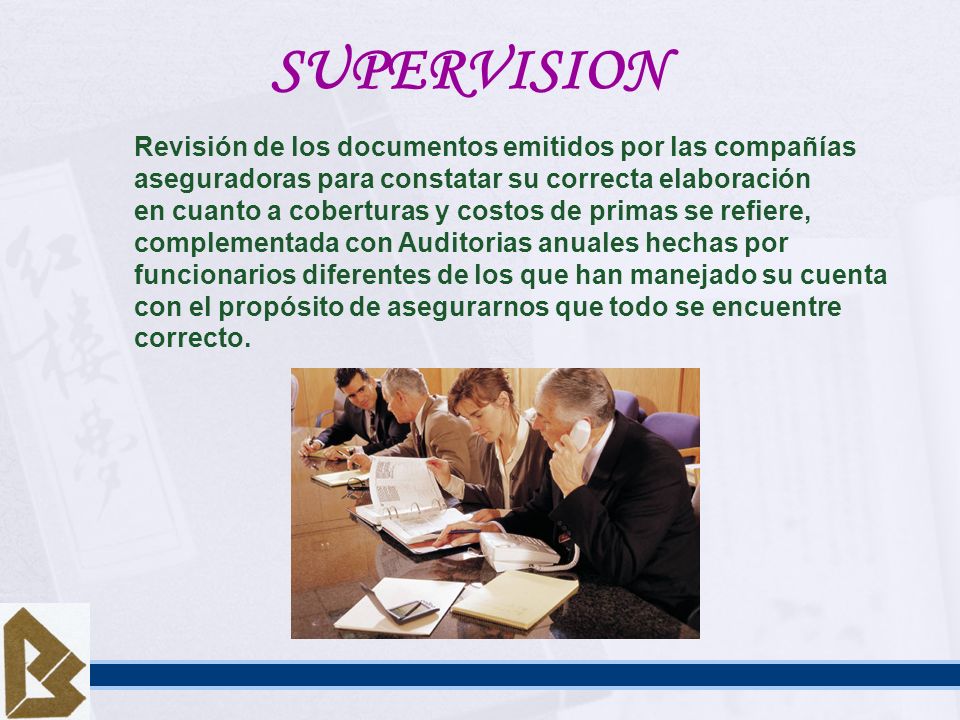 SUPERVISION Revisión de los documentos emitidos por las compañías aseguradoras para constatar su correcta elaboración.