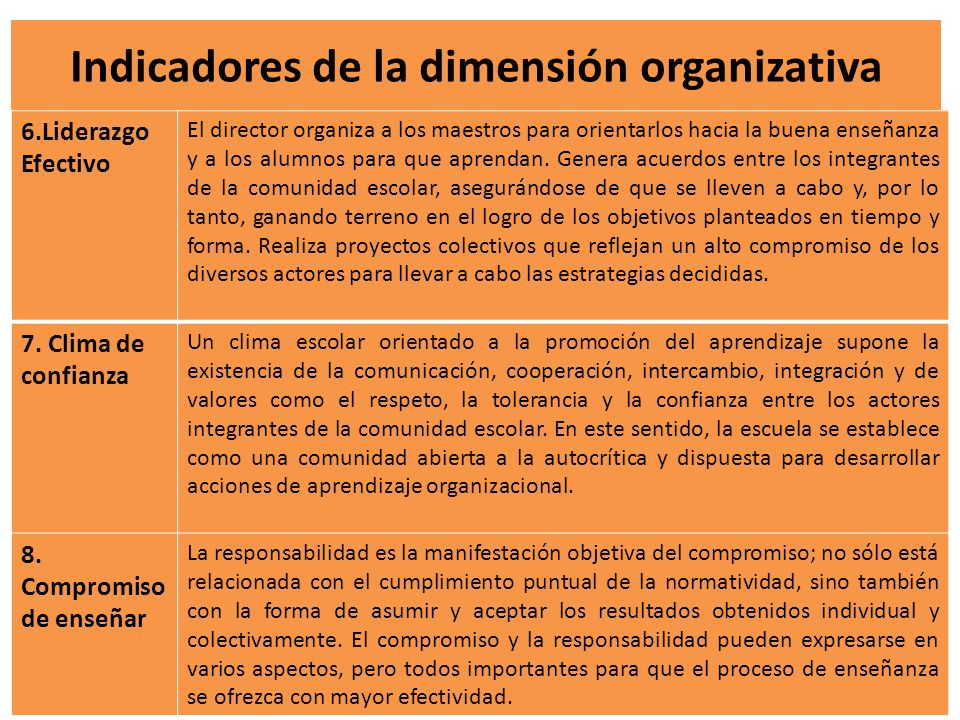 Indicadores de la dimensión organizativa