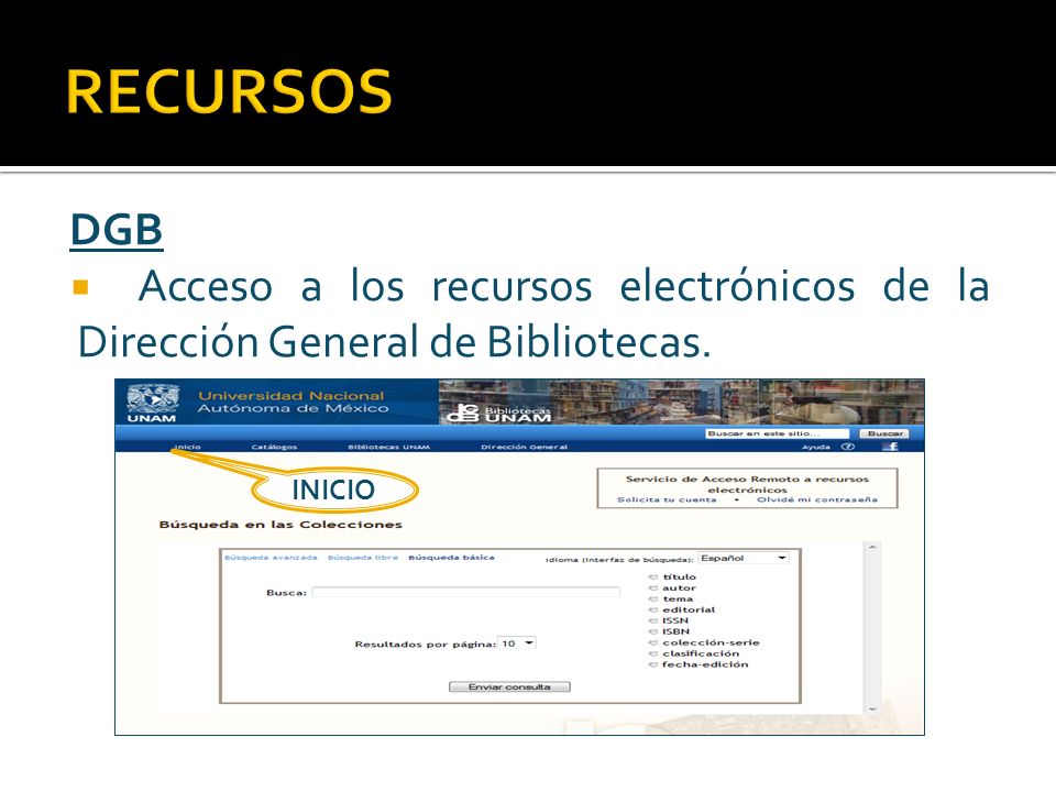RECURSOS DGB Acceso a los recursos electrónicos de la Dirección General de Bibliotecas. INICIO