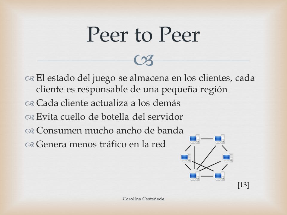 Peer to Peer El estado del juego se almacena en los clientes, cada cliente es responsable de una pequeña región.