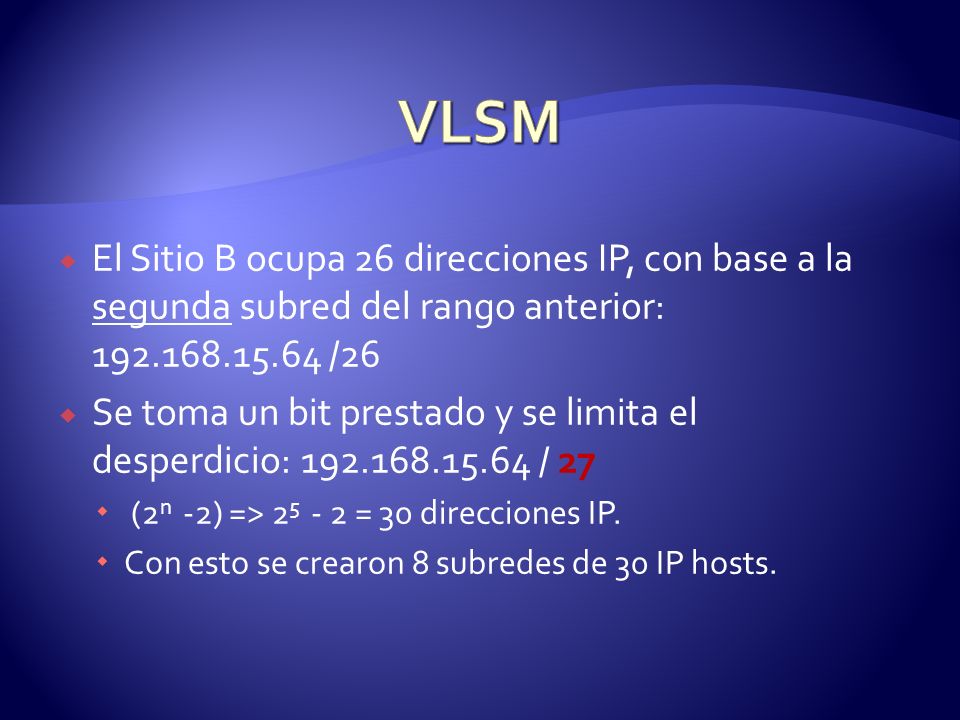 VLSM El Sitio B ocupa 26 direcciones IP, con base a la segunda subred del rango anterior: /26.