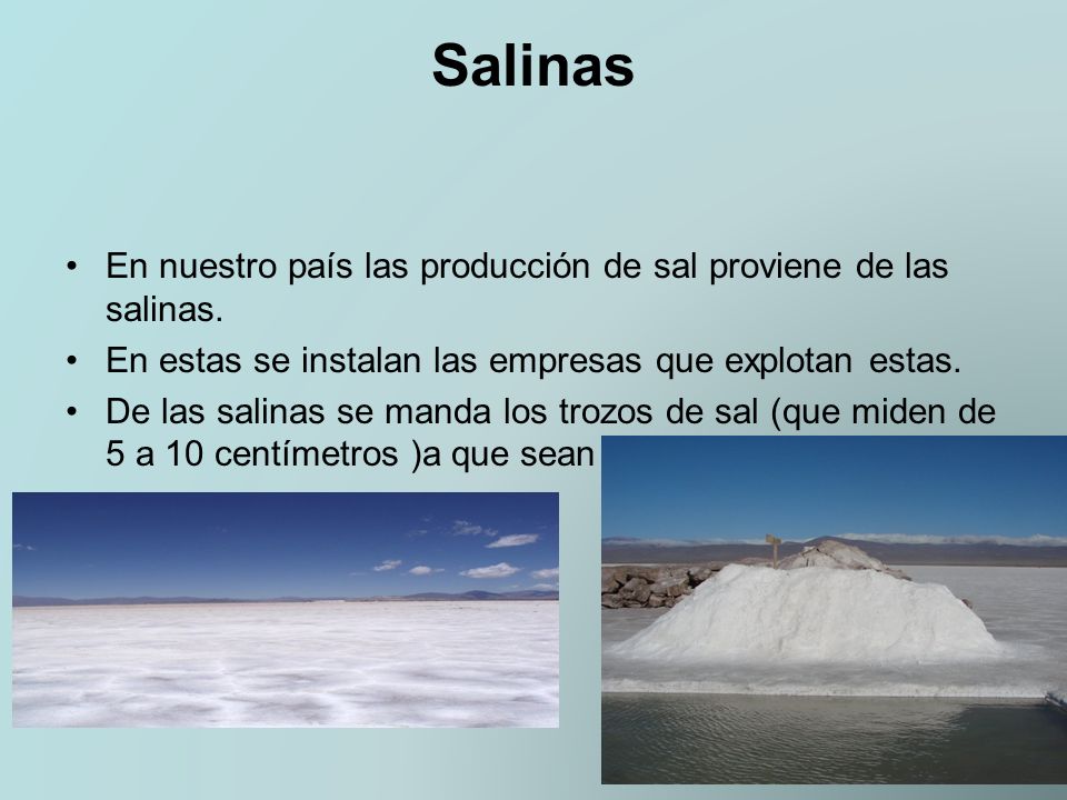 Salinas En nuestro país las producción de sal proviene de las salinas.