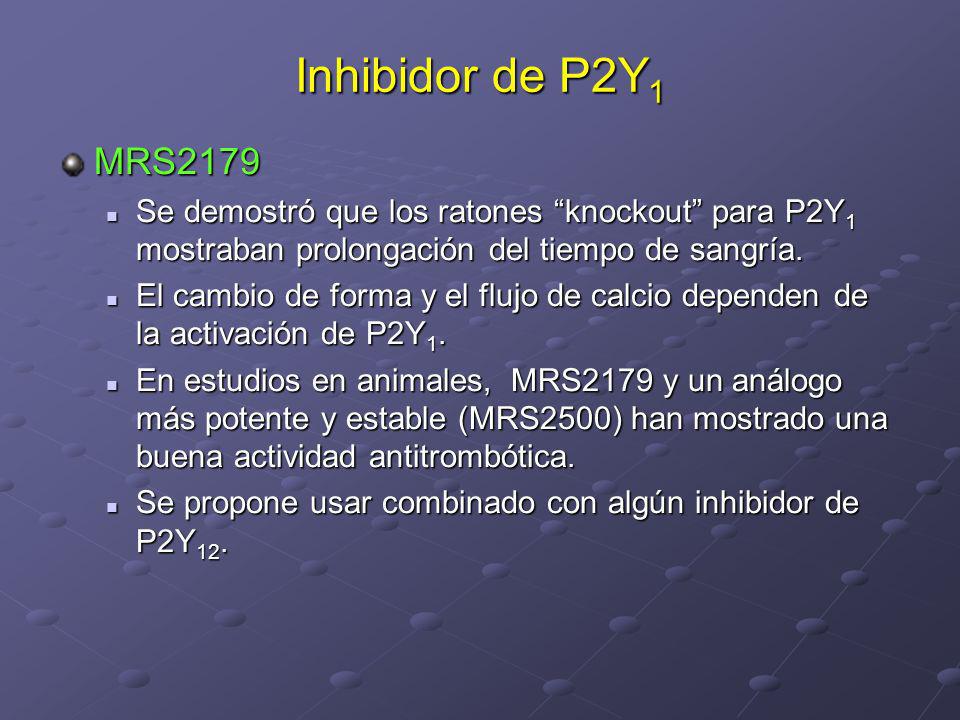 Inhibidor de P2Y1 MRS2179. Se demostró que los ratones knockout para P2Y1 mostraban prolongación del tiempo de sangría.