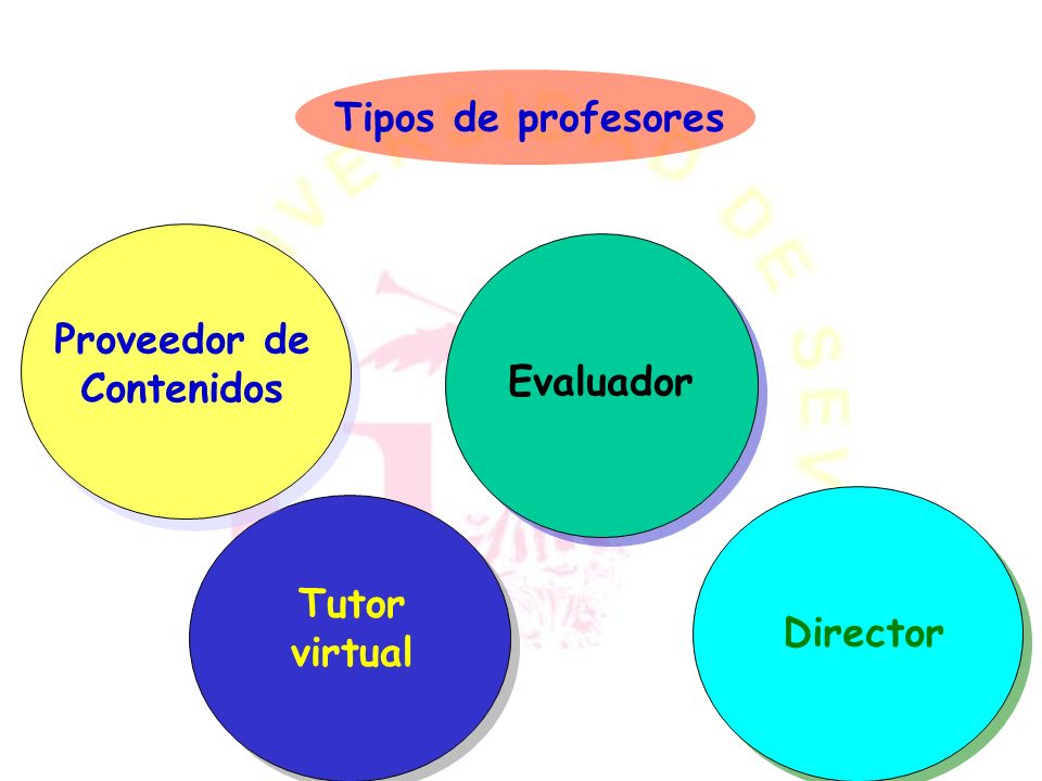 Tipos de profesores Proveedor de Contenidos Evaluador Tutor virtual Director