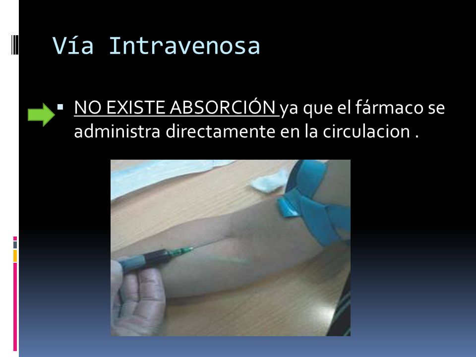 Vía Intravenosa NO EXISTE ABSORCIÓN ya que el fármaco se administra directamente en la circulacion .