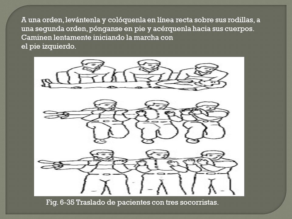 A una orden, levántenla y colóquenla en línea recta sobre sus rodillas, a una segunda orden, pónganse en pie y acérquenla hacia sus cuerpos. Caminen lentamente iniciando la marcha con