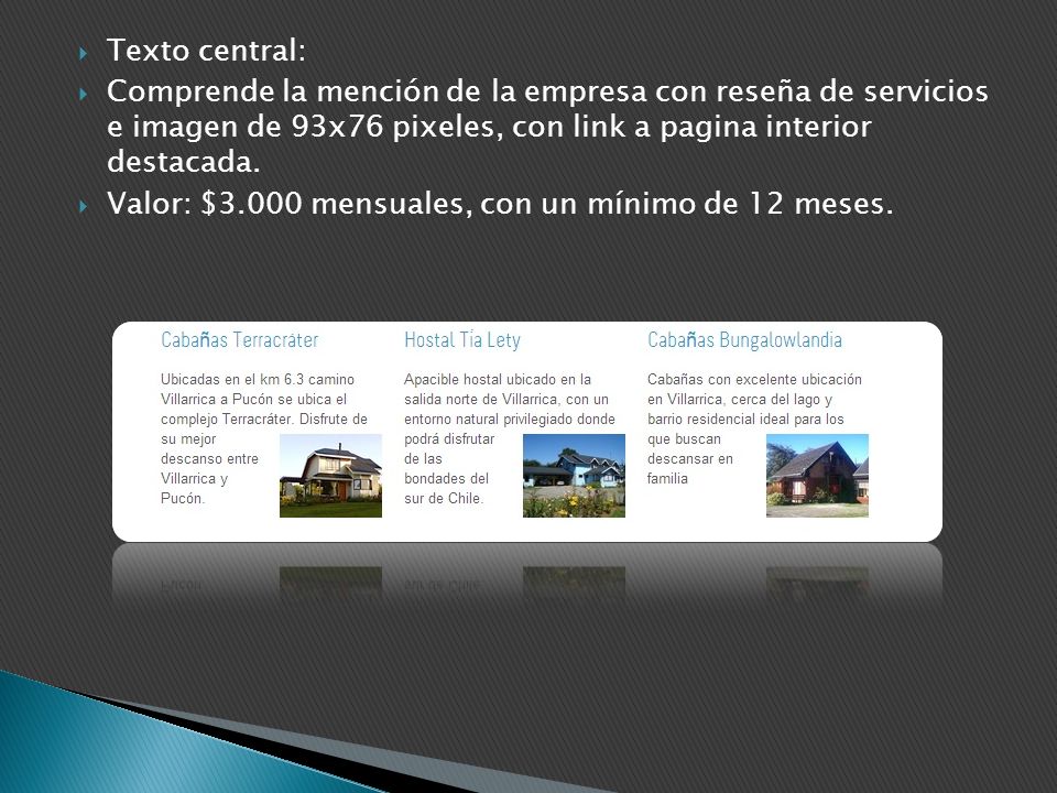 Texto central: Comprende la mención de la empresa con reseña de servicios e imagen de 93x76 pixeles, con link a pagina interior destacada.