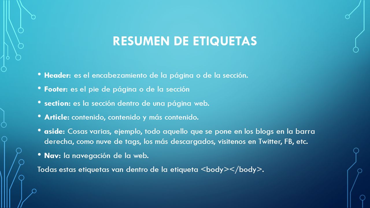 RESUMEN DE ETIQUETAS Header: es el encabezamiento de la página o de la sección. Footer: es el pie de página o de la sección.