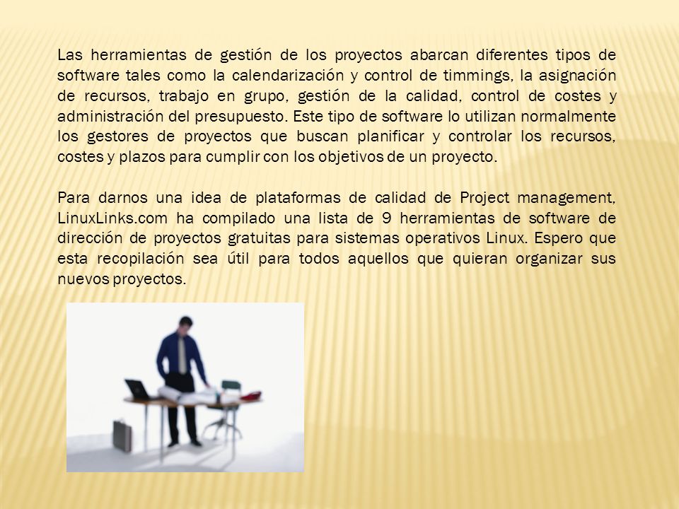 Las herramientas de gestión de los proyectos abarcan diferentes tipos de software tales como la calendarización y control de timmings, la asignación de recursos, trabajo en grupo, gestión de la calidad, control de costes y administración del presupuesto. Este tipo de software lo utilizan normalmente los gestores de proyectos que buscan planificar y controlar los recursos, costes y plazos para cumplir con los objetivos de un proyecto.