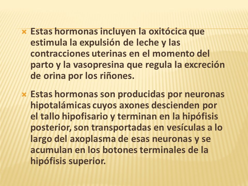 Estas hormonas incluyen la oxitócica que estimula la expulsión de leche y las contracciones uterinas en el momento del parto y la vasopresina que regula la excreción de orina por los riñones.