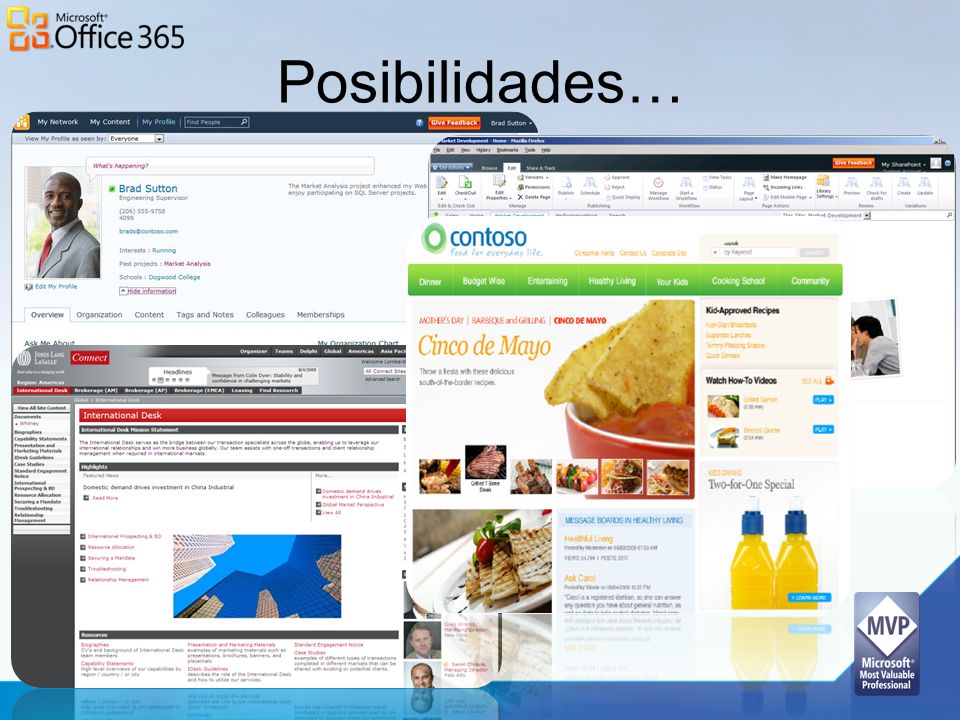 Posibilidades… My Sites: Manage and share personal documents and insights with colleagues. Solve document version control problems.