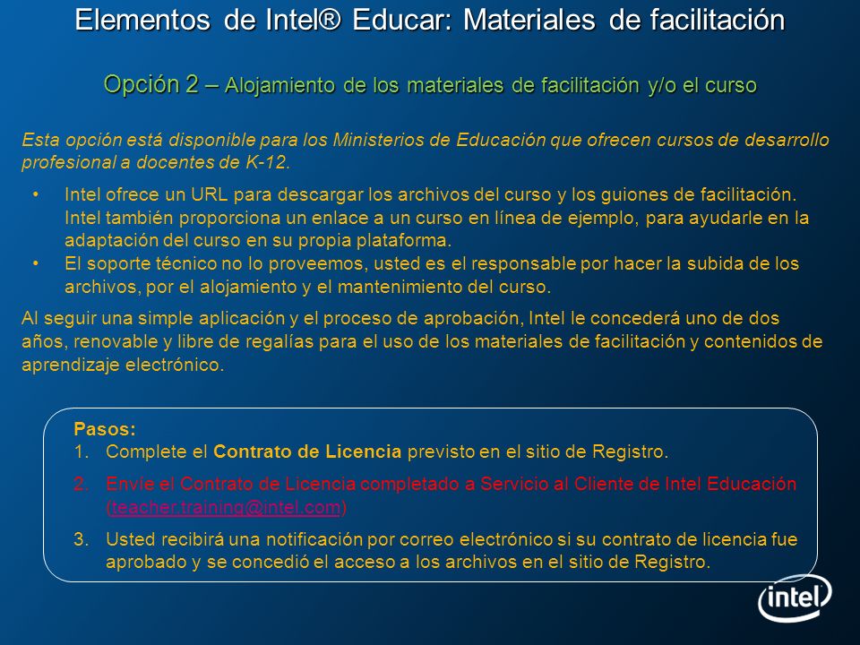 Elementos de Intel® Educar: Materiales de facilitación Opción 2 – Alojamiento de los materiales de facilitación y/o el curso