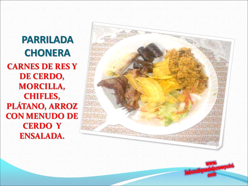PARRILADA CHONERA CARNES DE RES Y DE CERDO, MORCILLA, CHIFLES, PLÁTANO, ARROZ CON MENUDO DE CERDO Y ENSALADA.