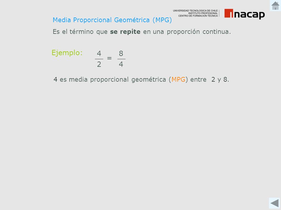 Ejemplo: 2 4 = 8 Media Proporcional Geométrica (MPG)