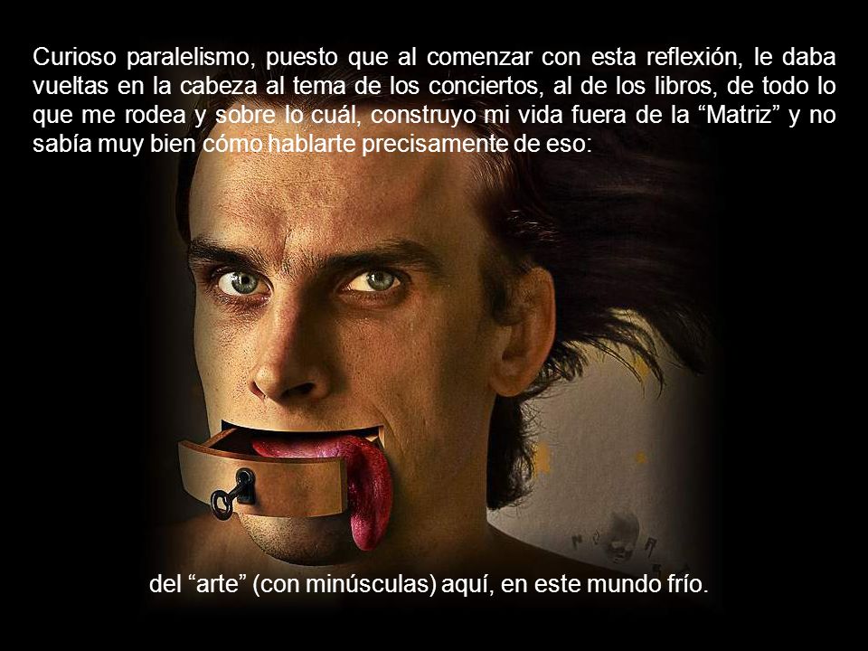 Curioso paralelismo, puesto que al comenzar con esta reflexión, le daba vueltas en la cabeza al tema de los conciertos, al de los libros, de todo lo que me rodea y sobre lo cuál, construyo mi vida fuera de la Matriz y no sabía muy bien cómo hablarte precisamente de eso: