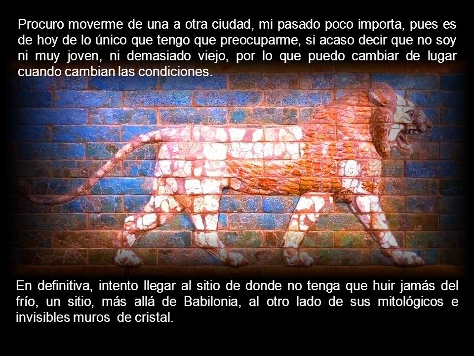Procuro moverme de una a otra ciudad, mi pasado poco importa, pues es de hoy de lo único que tengo que preocuparme, si acaso decir que no soy ni muy joven, ni demasiado viejo, por lo que puedo cambiar de lugar cuando cambian las condiciones.