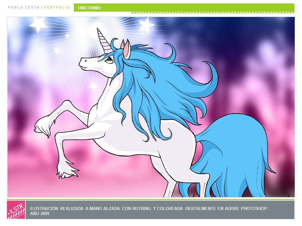 UNICORNIO ILUSTRACIÓN REALIZADA A MANO ALZADA CON ROTRING Y COLOREADA DIGITALMENTE EN ADOBE PHOTOSHOP.