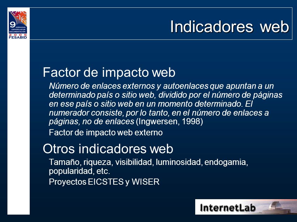 Indicadores web Factor de impacto web Otros indicadores web