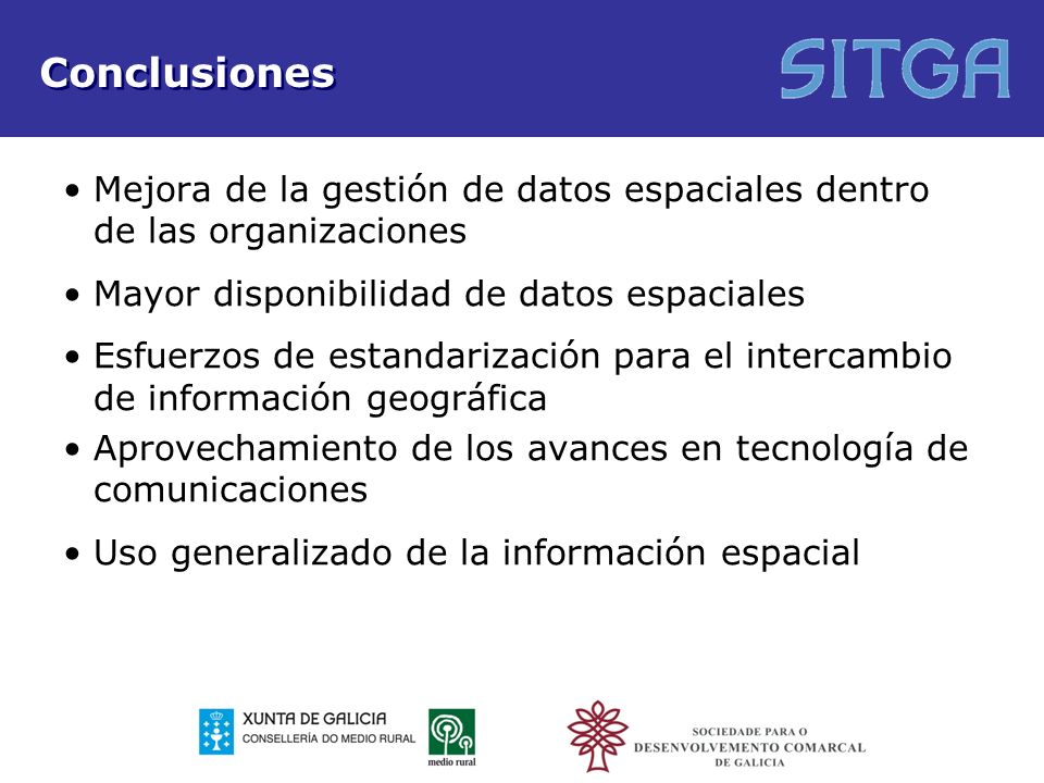 Conclusiones Mejora de la gestión de datos espaciales dentro de las organizaciones. Mayor disponibilidad de datos espaciales.