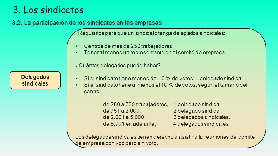 3. Los sindicatos 3.2. La participación de los sindicatos en las empresas. Requisitos para que un sindicato tenga delegados sindicales: