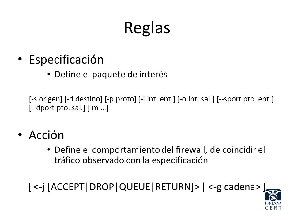 [ <-j [ACCEPT|DROP|QUEUE|RETURN]> | <-g cadena> ]