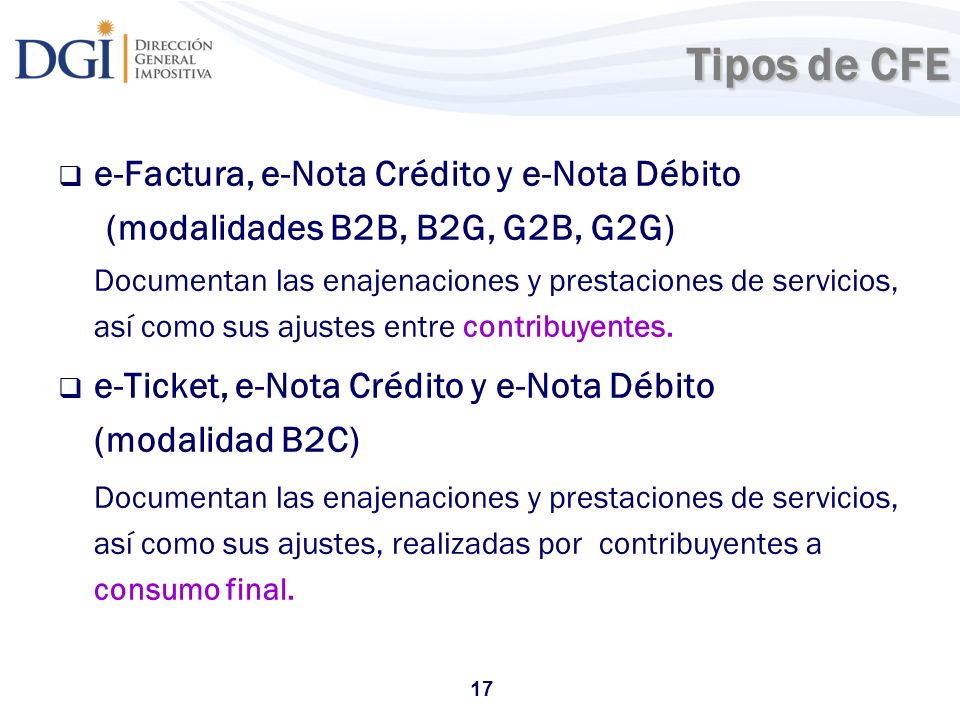 Tipos de CFE e-Factura, e-Nota Crédito y e-Nota Débito