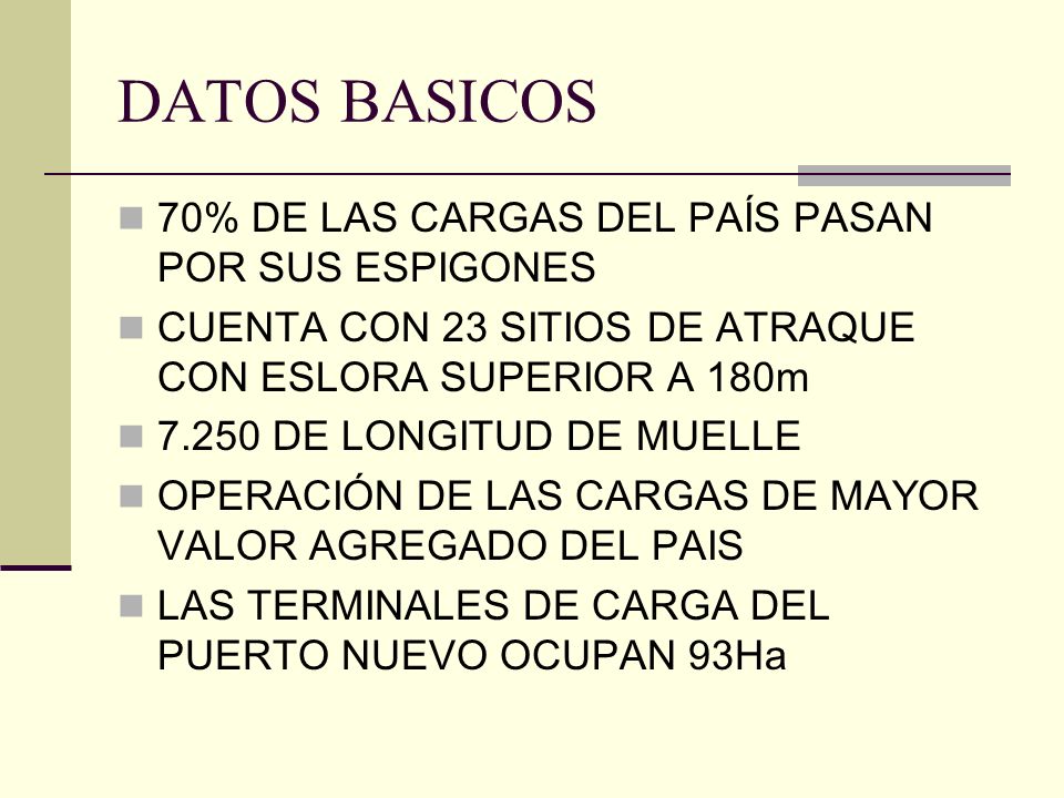 DATOS BASICOS 70% DE LAS CARGAS DEL PAÍS PASAN POR SUS ESPIGONES