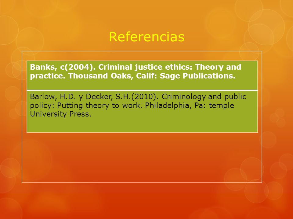 Referencias Banks, c(2004). Criminal justice ethics: Theory and practice. Thousand Oaks, Calif: Sage Publications.