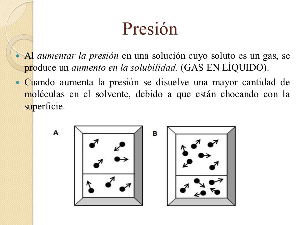 Presión Al aumentar la presión en una solución cuyo soluto es un gas, se produce un aumento en la solubilidad. (GAS EN LÍQUIDO).