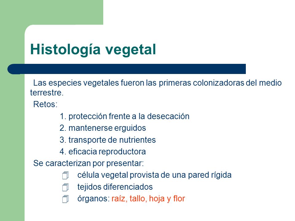Histología vegetal Las especies vegetales fueron las primeras colonizadoras del medio terrestre. Retos: