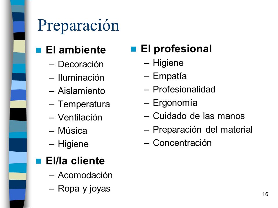 Preparación El ambiente El profesional El/la cliente Decoración
