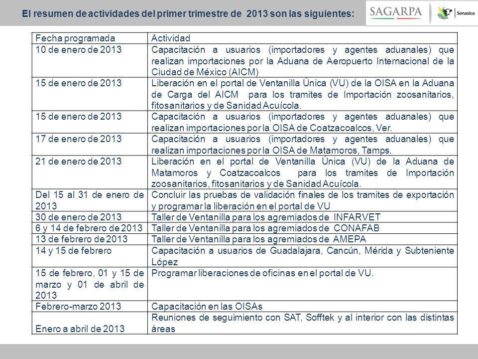 El resumen de actividades del primer trimestre de 2013 son las siguientes: