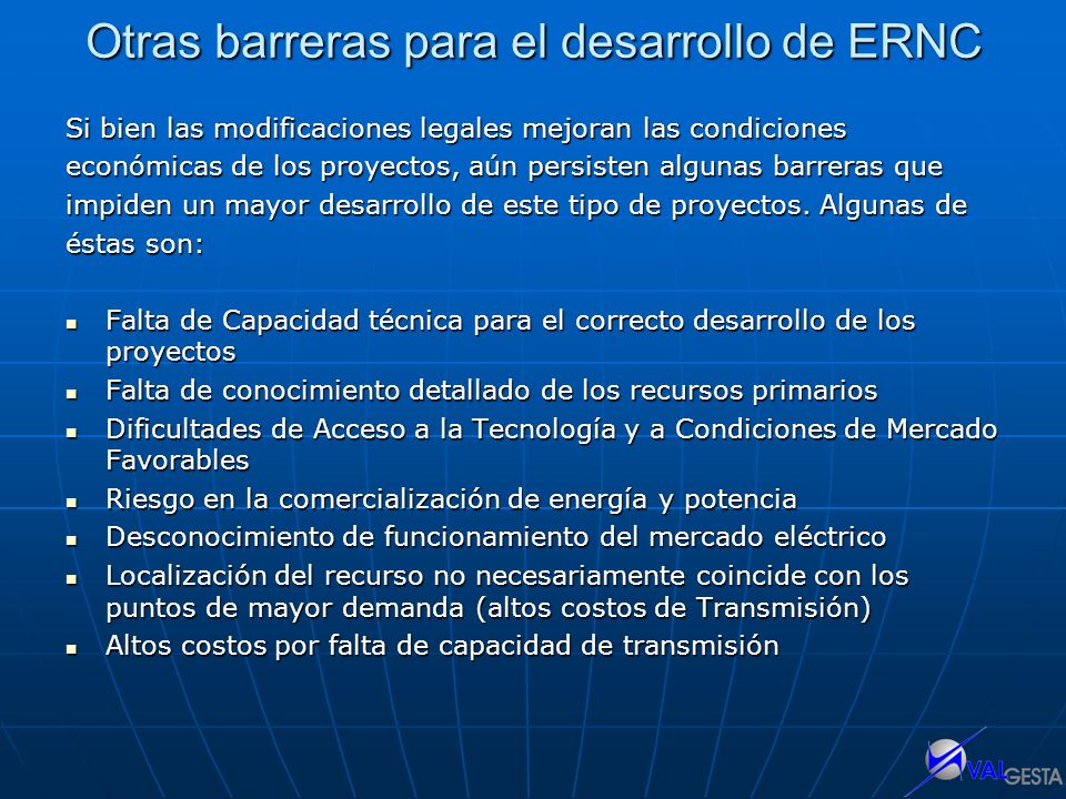 Otras barreras para el desarrollo de ERNC