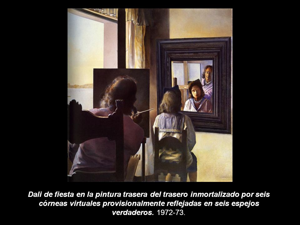 Dali de fiesta en la pintura trasera del trasero inmortalizado por seis córneas virtuales provisionalmente reflejadas en seis espejos verdaderos.