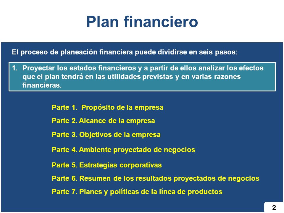 Plan financiero El proceso de planeación financiera puede dividirse en seis pasos: