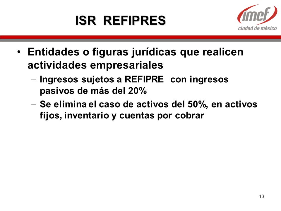 ISR REFIPRES Entidades o figuras jurídicas que realicen actividades empresariales. Ingresos sujetos a REFIPRE con ingresos pasivos de más del 20%