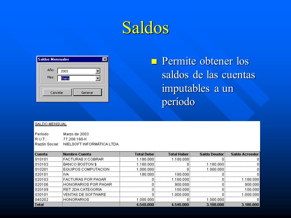 Saldos Permite obtener los saldos de las cuentas imputables a un período
