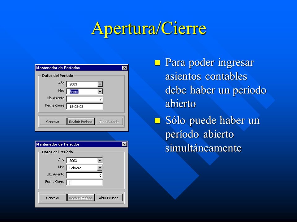 Apertura/Cierre Para poder ingresar asientos contables debe haber un período abierto.