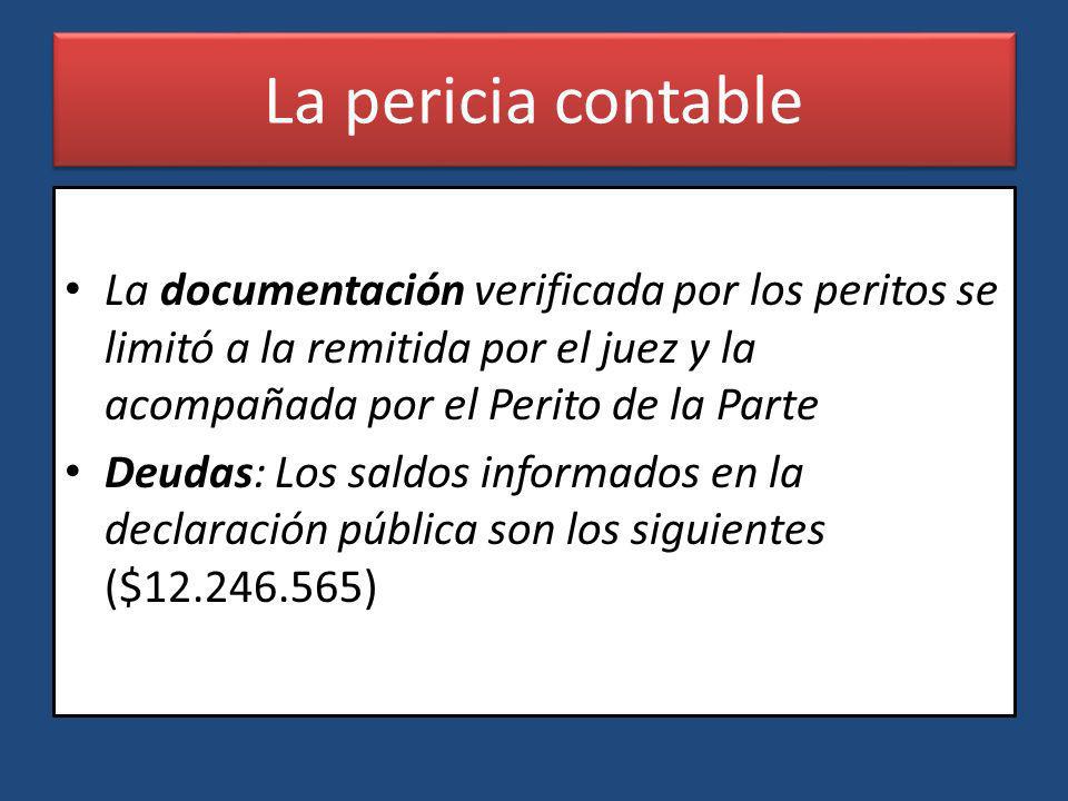 La pericia contable La documentación verificada por los peritos se limitó a la remitida por el juez y la acompañada por el Perito de la Parte.