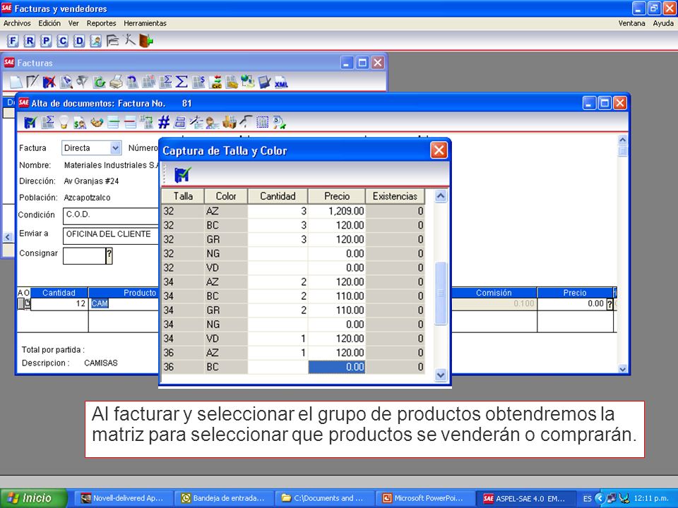 Al facturar y seleccionar el grupo de productos obtendremos la matriz para seleccionar que productos se venderán o comprarán.