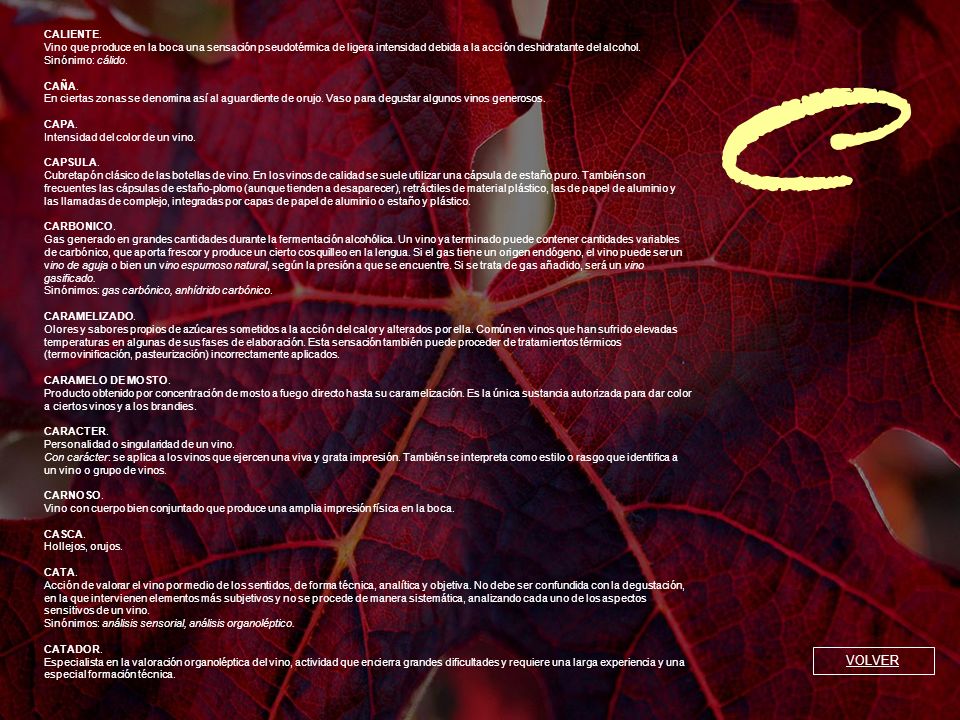 CALIENTE. Vino que produce en la boca una sensación pseudotérmica de ligera intensidad debida a la acción deshidratante del alcohol.