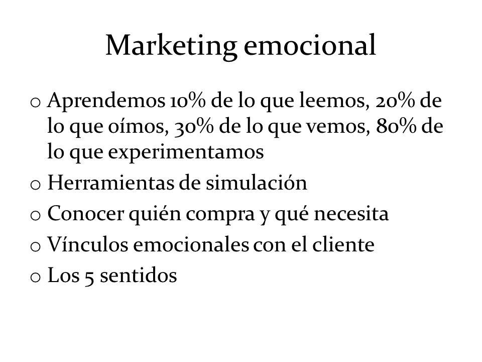 Marketing emocional Aprendemos 10% de lo que leemos, 20% de lo que oímos, 30% de lo que vemos, 80% de lo que experimentamos.