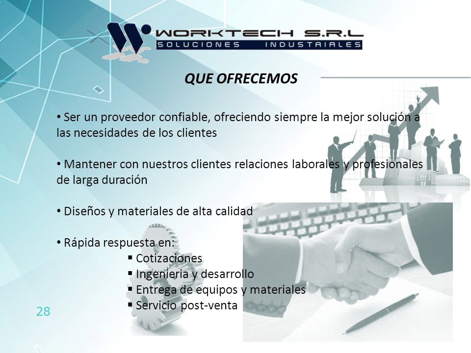 QUE OFRECEMOS Ser un proveedor confiable, ofreciendo siempre la mejor solución a las necesidades de los clientes.