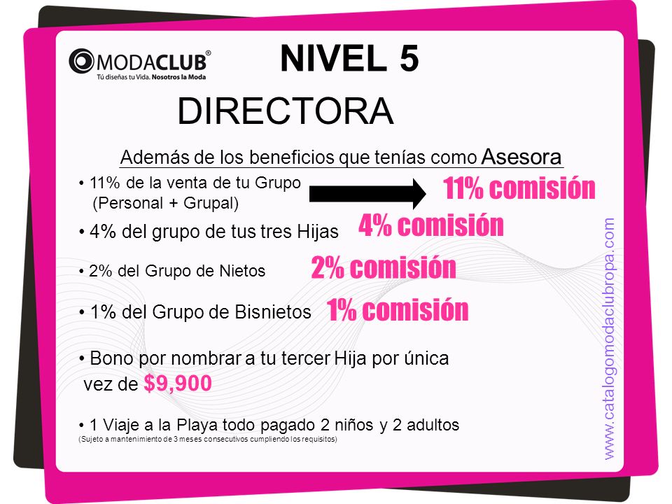 NIVEL 5 DIRECTORA 11% comisión 4% comisión 2% comisión 1% comisión