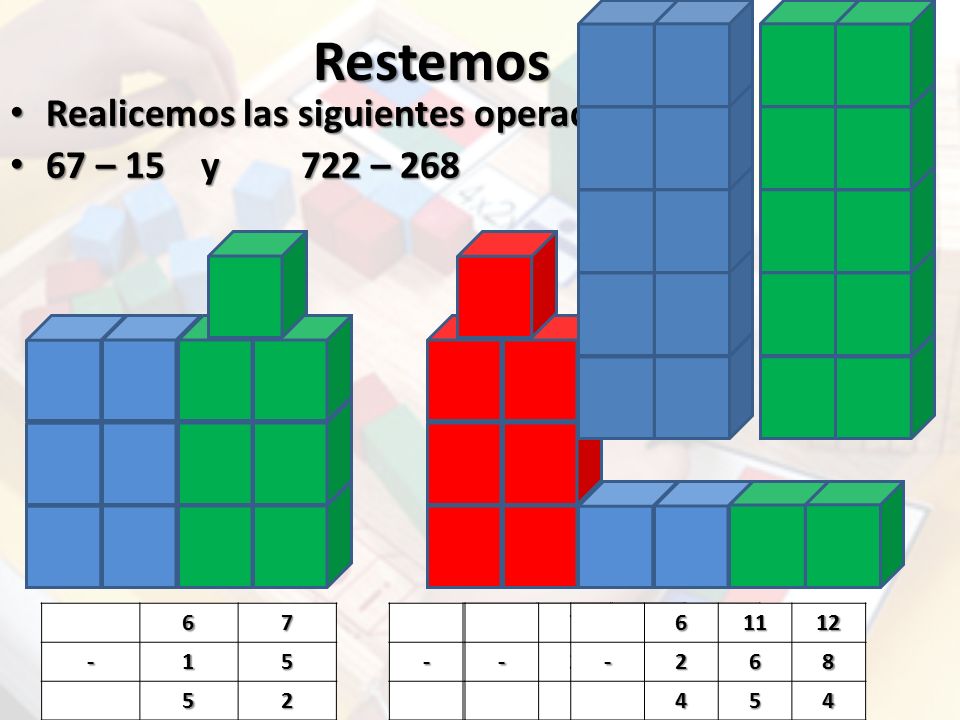 Restemos Realicemos las siguientes operaciones: 67 – 15 y 722 – 268 6