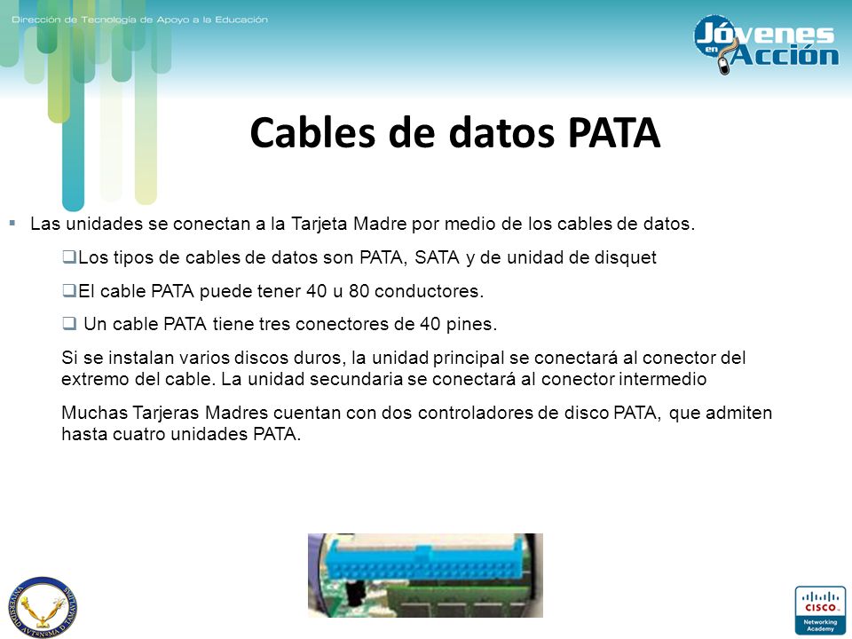 Cables de datos PATA Las unidades se conectan a la Tarjeta Madre por medio de los cables de datos.